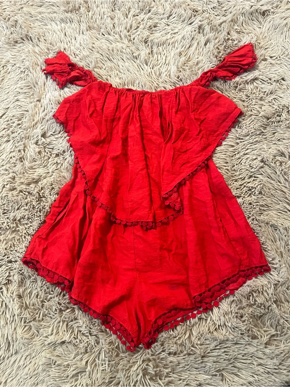 Free People Red Off-Shoulder Romper XS with Ruffle Detail